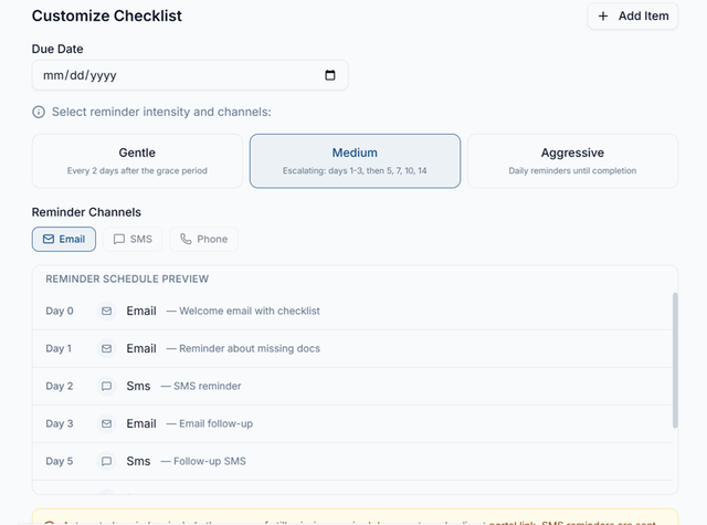 Automated reminder configuration panel